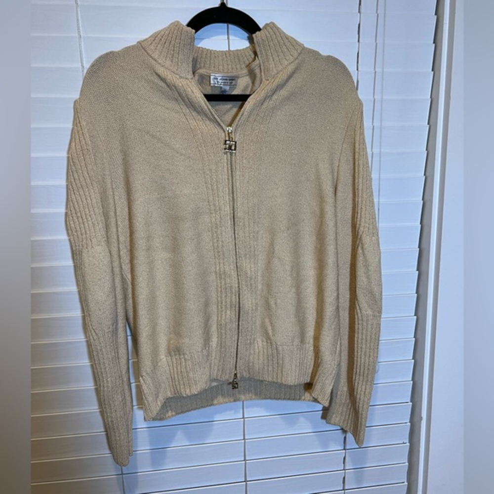St John Sport Marie Gray Gold Metallic‎ Knit Twin Set Zip Cardigan Tank Large